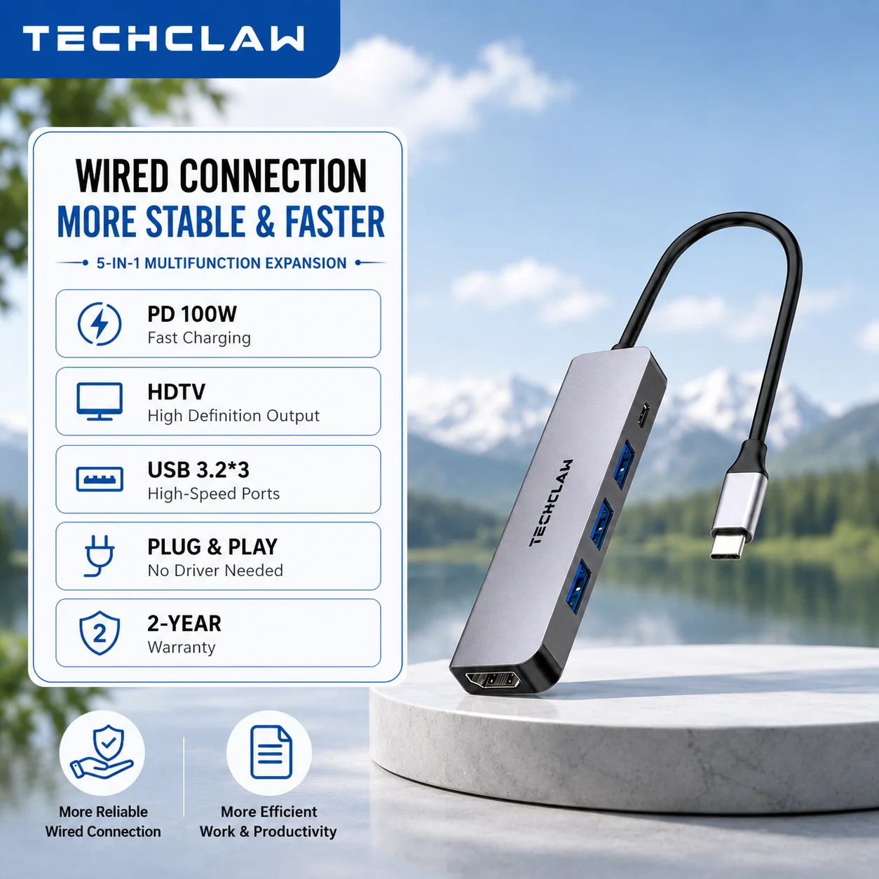 Image of TECHCLAW HB2009 5-in-1 USB-C-Hub USB 3.2 Gen1 5Gbps Typ-C-Adapter 3 USB 3.0-Anschlüsse HDMI PD 100W Ladefunktion Aluminium-USB-Splitter