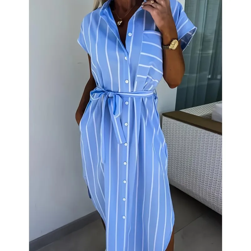 Abito camicia con stampa a righe blu Nuove maniche rotanti casual con tasca Abiti longuette divisi monopetto con lacci per le donne 2025