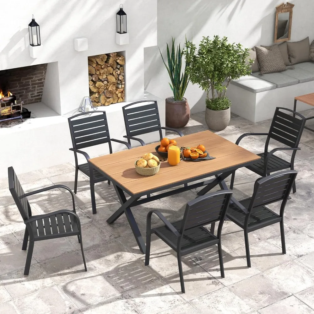 

Patio Dining Set with 59” Rectangle Tables & 6 Stackable Patio Chairs, 7 Piece Outdoor Dining Set