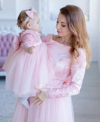 New Pink A-Line Mother and Daughter Matching Gowns Lace Tulle Baby Gowns Full Sleeve Birthday Mom and Kid Dresses Photoshoot