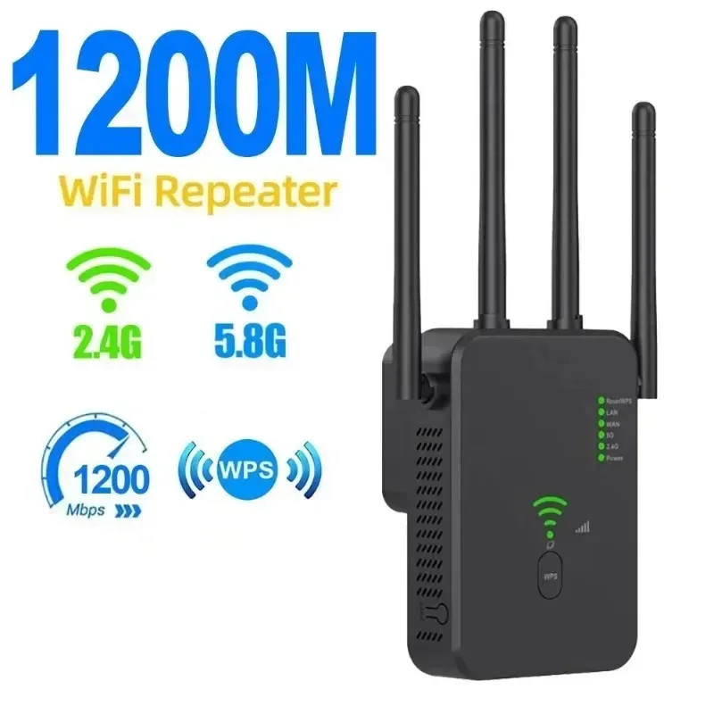 Repetidor WiFi AC1200, Amplificador de Señal Inalámbrica de Doble Banda 2.4G y 5G, Extensor de Red con 4 Antenas, Función WPS para Router