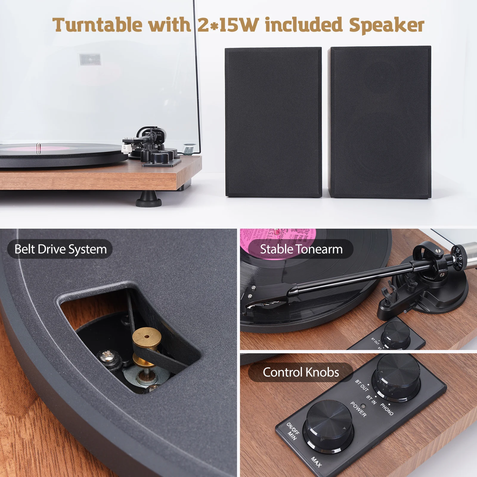 Vinyle Colorable LP Disque BT Gramophone Phonographe avec HautréusHi-Fi Externes, 2x15W