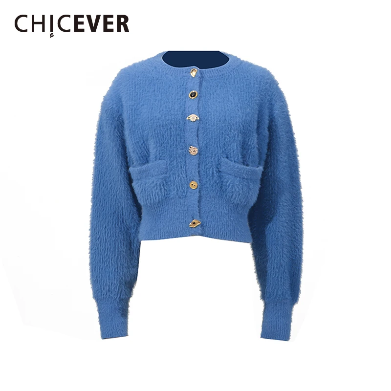 

CHICEVER Blue Single Breasted Chic Sweater Female O Neck Long Sleeve Loose Streetwear Women's Sweaters Autumn Fashion New Style