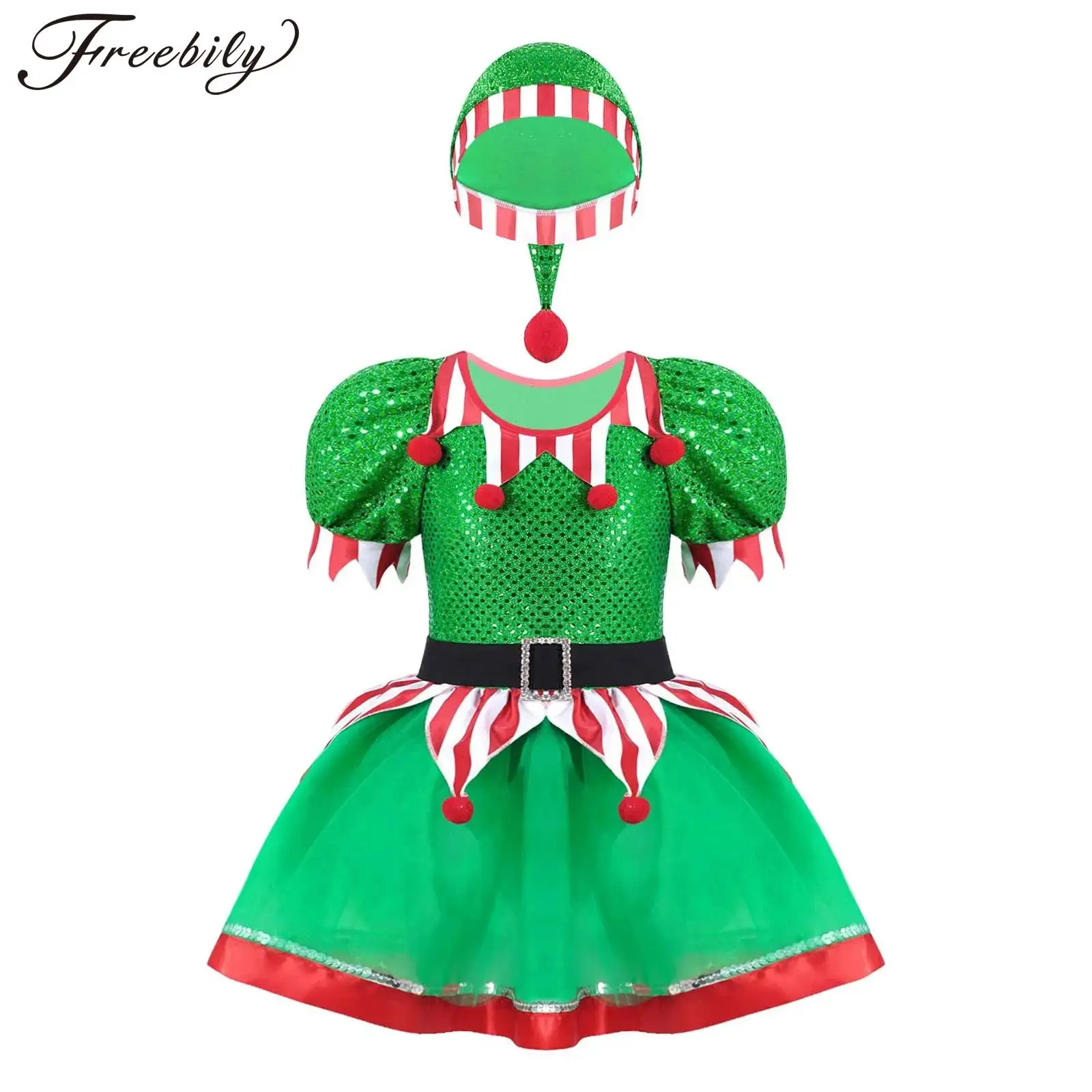 Kids Girls Christmas Elf Cosplay Costume Xmas Santa Claus Sequins Pompoms Mesh Tutu Dress Roleplay Theme Party Fancy Dress Up