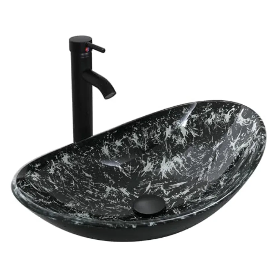 

Bathroom Boat Shape Artistic Glass Vessel Sink with Chrome Faucet and Pop-up Drain Set Black