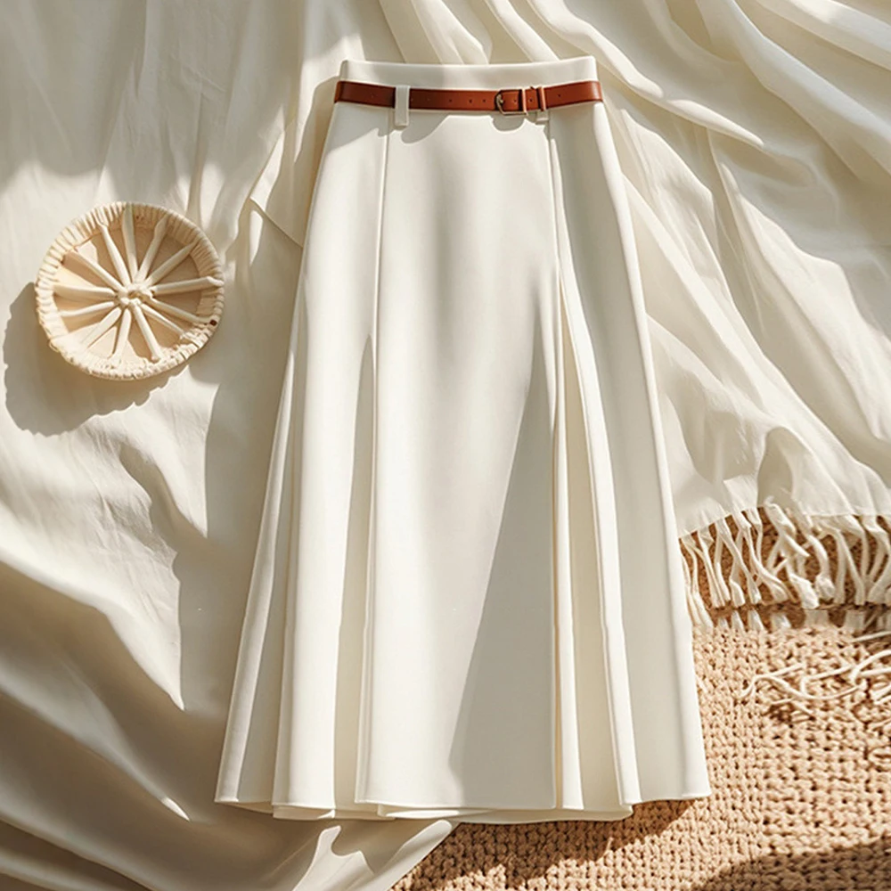 

UNIKTEE Women's Elegant Plain Draped Skirt Natural Waist A-Line Midi Summer Vacation Skirts