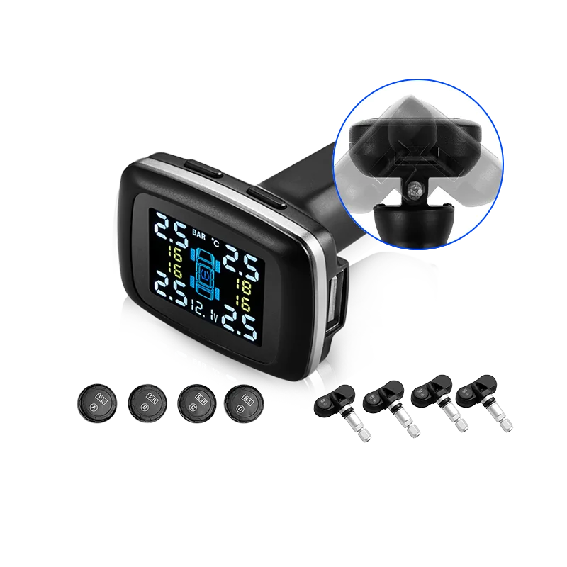

Acceo Car TPMS Cigarette Lighter Tire Pressure Monitoring System with 4 External Sensors USB Charging Port LCD Display Alarm
