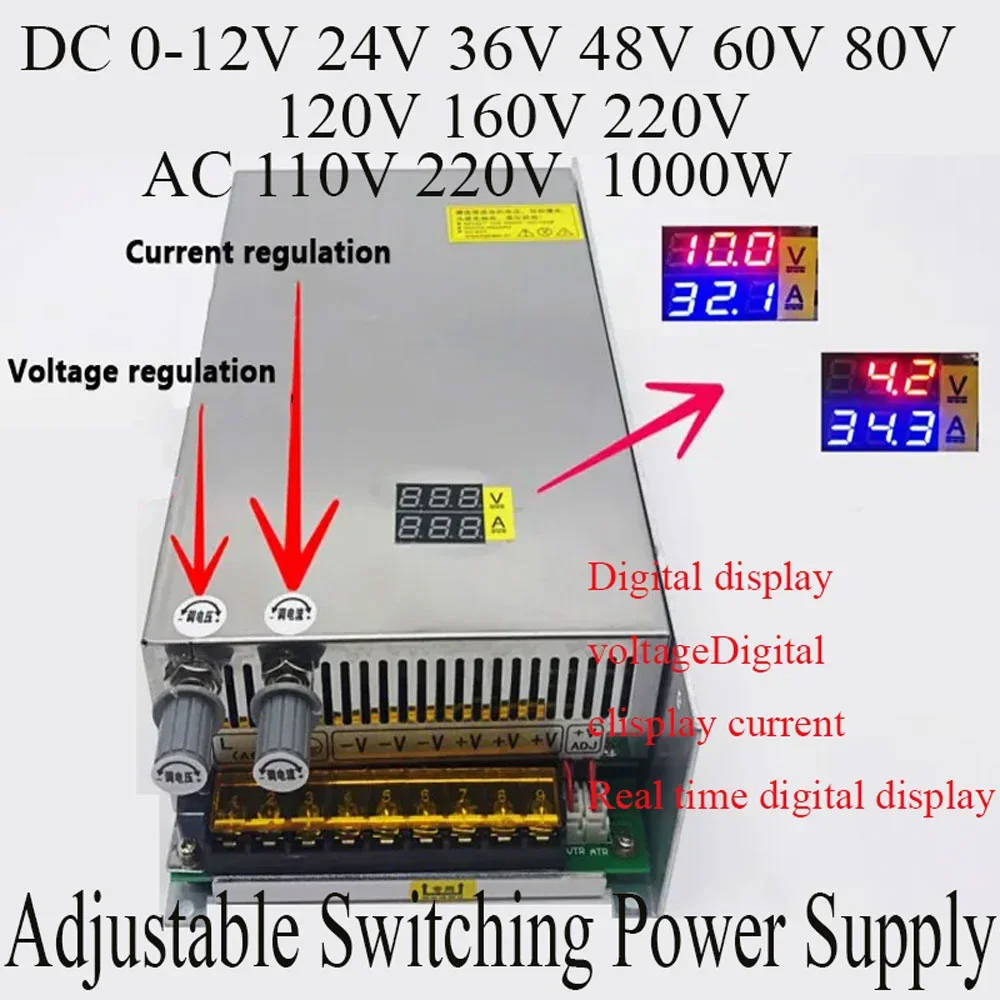 

1000W Adjustable Switching Power Supply 12V 220V Transformers 0- 24V 36V 48V 60V 80V 110V 220V Digital Display LED Strip Lights