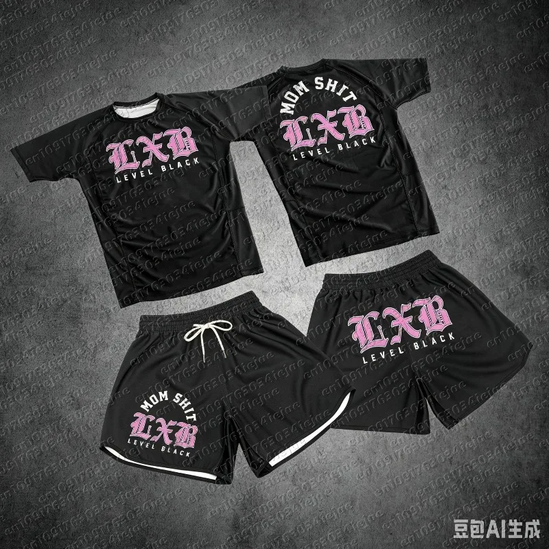 MOTO 2026 New Men's Level Black 2 Piece Training Set Short Sleeve Compression Shirt and Shorts for MMA BJJ Workout Colthing