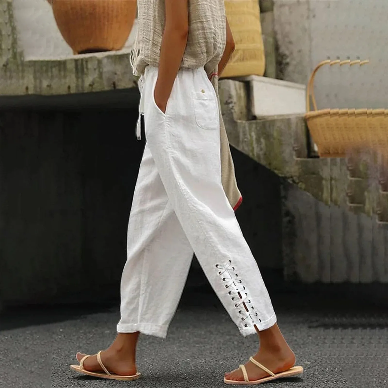 

Women Cotton Linen Pants Joggers Casual Lightweight Beach Summer Pant With Pockets Comfortable Beach Versatile Women Trousers