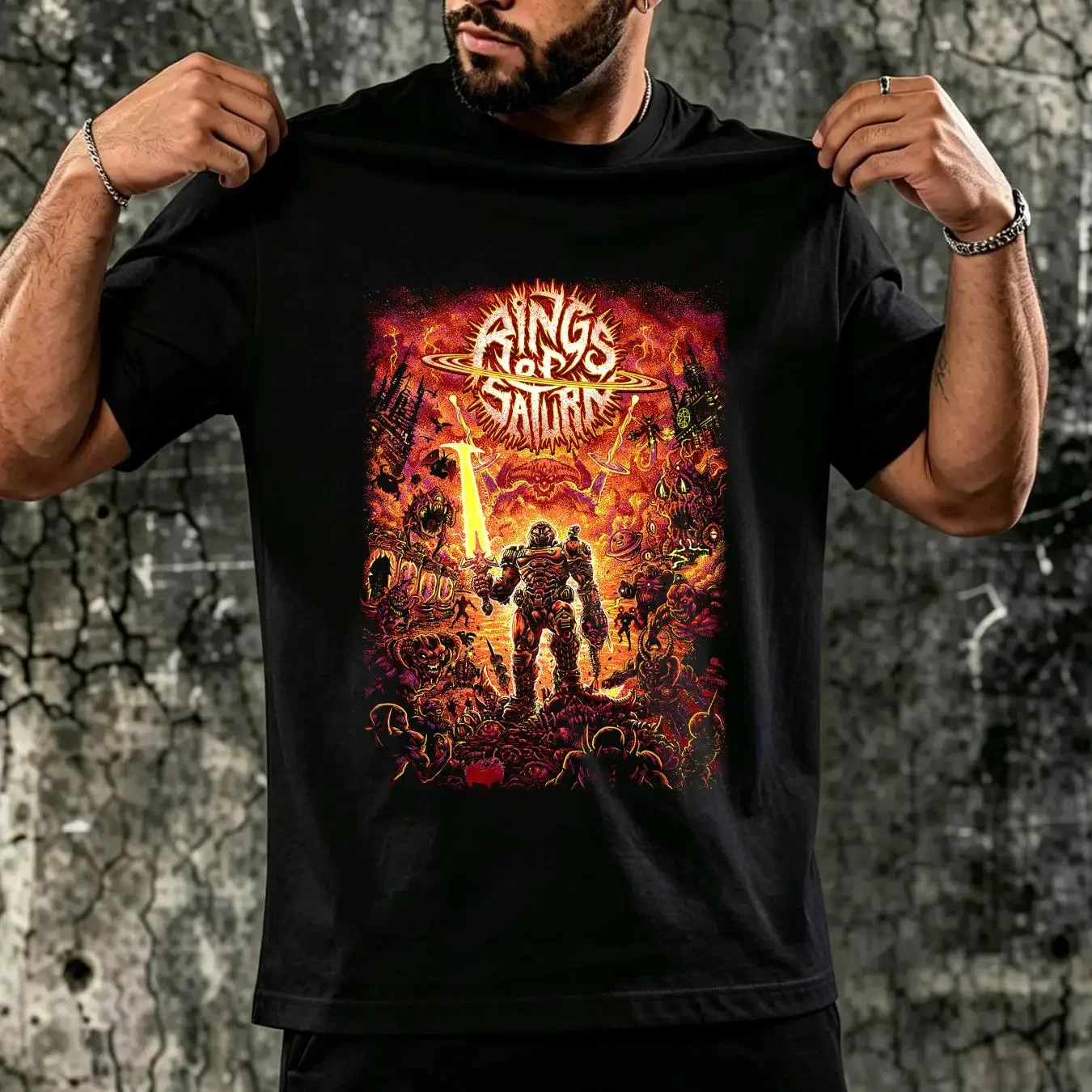 washed T Shirt Rings of Saturn Band Men s L Large Black Deathcore Bay Area vintage Washed Stretched Versatile fashion