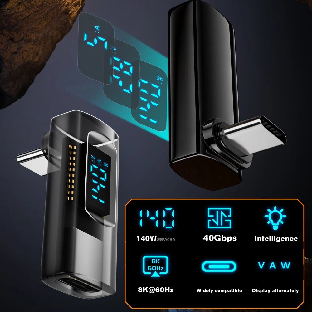 90 Degree USB C Adapter Right Angle U Shape USB4 Type C Adapter 40Gbps with LED Display PD 140W 8K Extender for Thunderbolt 3/4