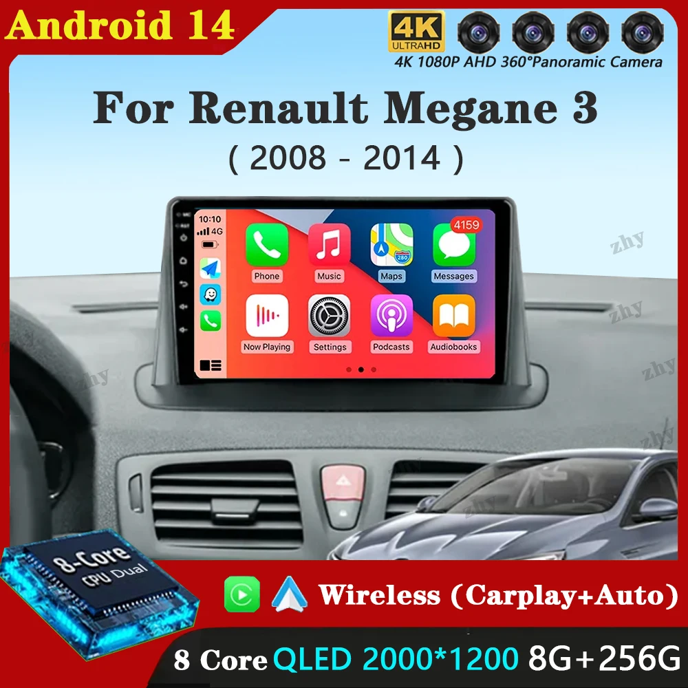 

For Renault Megane 3 Fluence Samsung SM3 2008 - 2014 9“ Android 14 Carplay Car Radio Navigation GPS Multimedia Player wifi+4G BT
