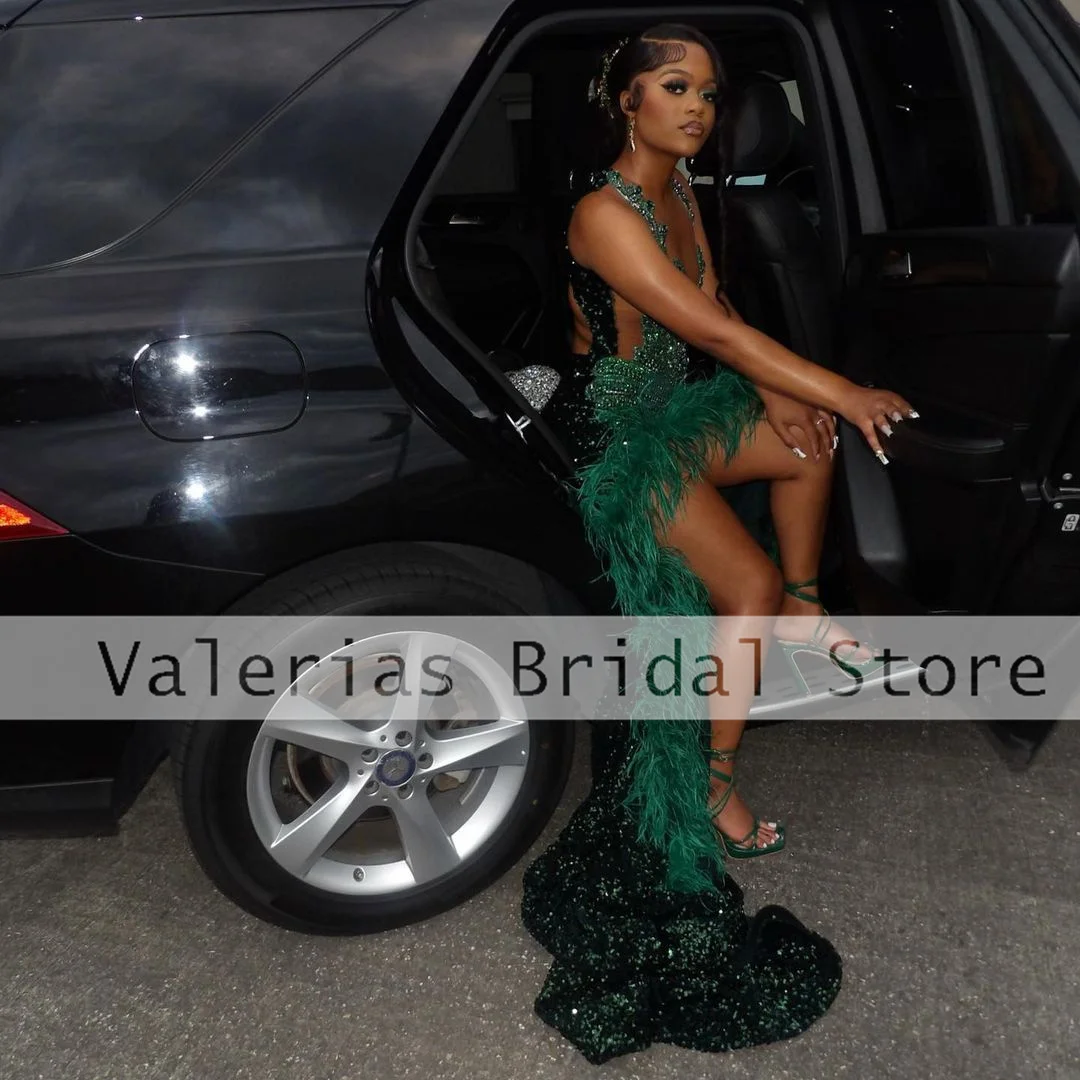 Vestidos de graduación de sirena verde y naranja para niñas negras, plumas de cristal, vestido de noche de ilusión Sexy, vestidos personalizados