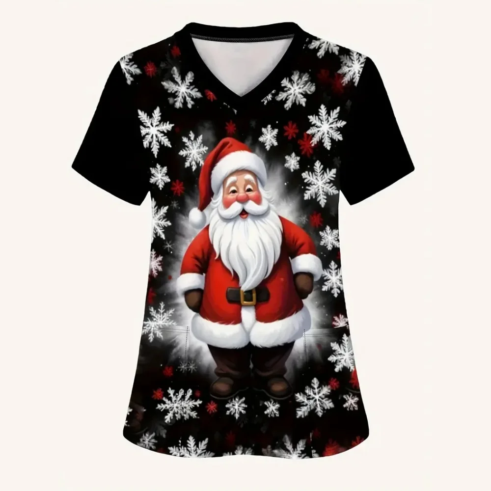Uniformes cirúrgicos mulher natal boneco de neve impressão enfermeira topos verão moda com decote em v com bolsos manga curta mulher uniforme médico