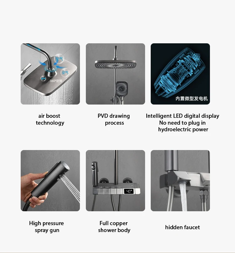 2022 새로운 디자인 구리 Douche 4 방향 욕실 디지털 피아노 키 샤워 수도꼭지 세트 믹서 그레이 색상, 그레이 색상