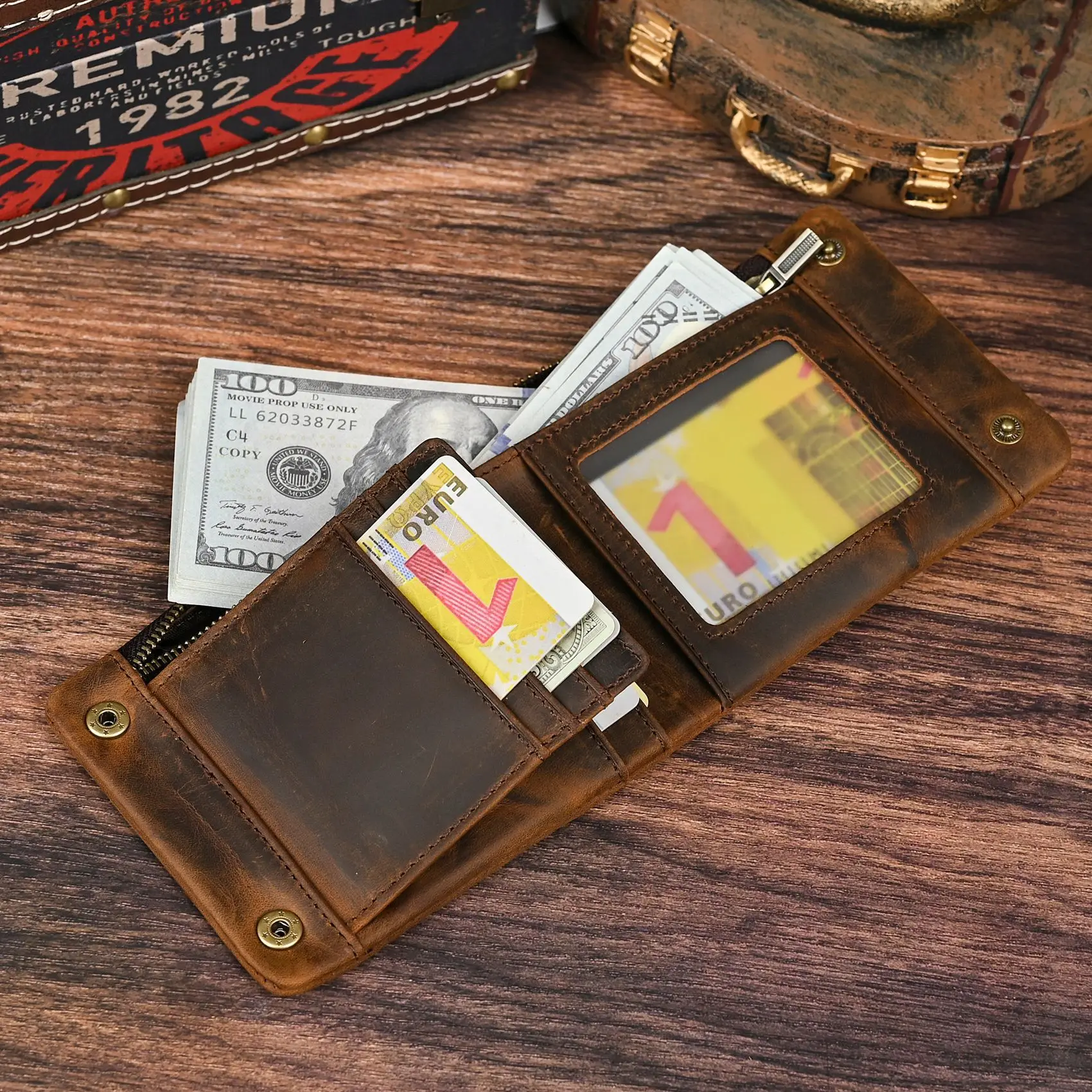 YETTIES Herren-Pull-Up-Geldbörse aus genarbtem Leder, kurzer Bifold-Reißverschluss mit abnehmbarer Kette, praktische Retro-Clutch für Herren – Detail 36