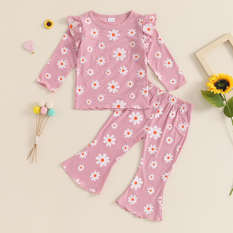 Toddler Baby Girl autunno Outfit manica lunga stampa floreale t-shirt a coste Top Bell Bottoms 2 pezzi Set di vestiti