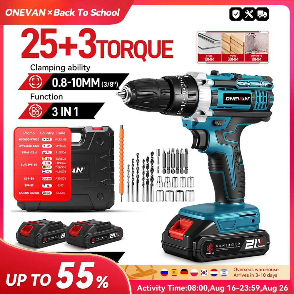 ONEVAN Elektrischer Schlagbohrer 25+3 Drehmomentstufen Blau/Rot Multifunktionaler Akku-Bohrhammer Elektrowerkzeug für Makita 18V Akku