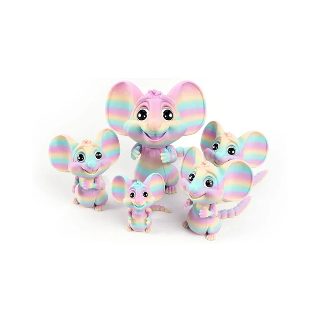 

Игрушка-мышь с большими ушами и 3D-печатью, милая мышь с подвижными шарнирами цвета радуги, идеально подходит для украшения рабочего стола, подарок для детей