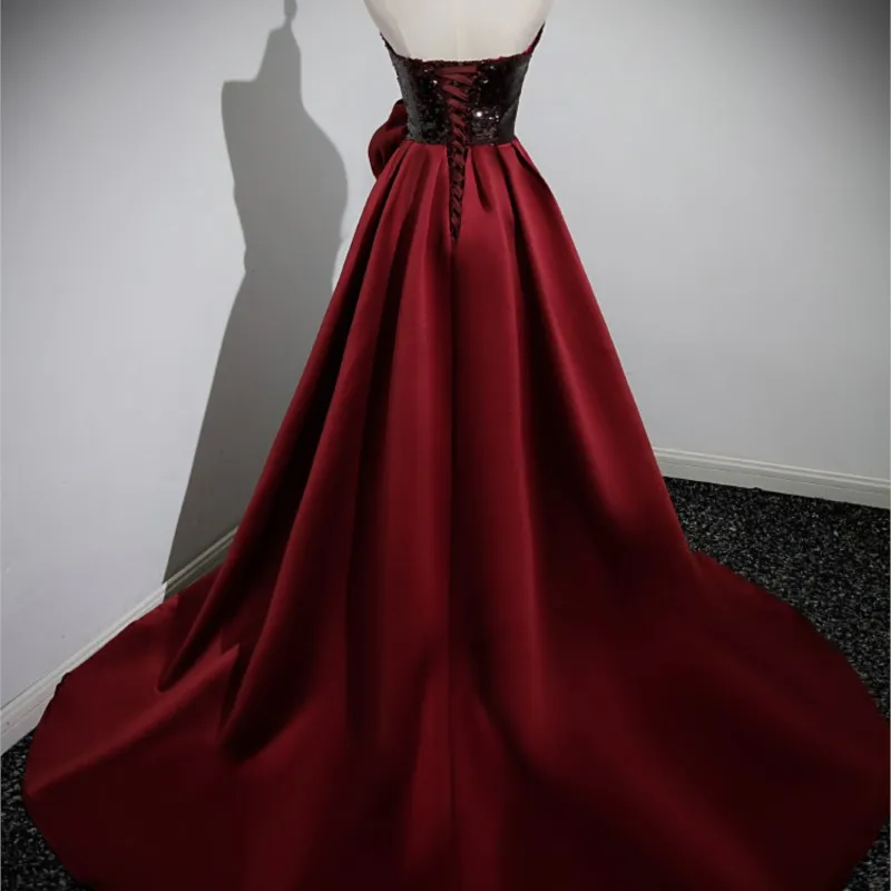 Wine red hostess Bel Canto soloist conductor toasting dress with tail and chest