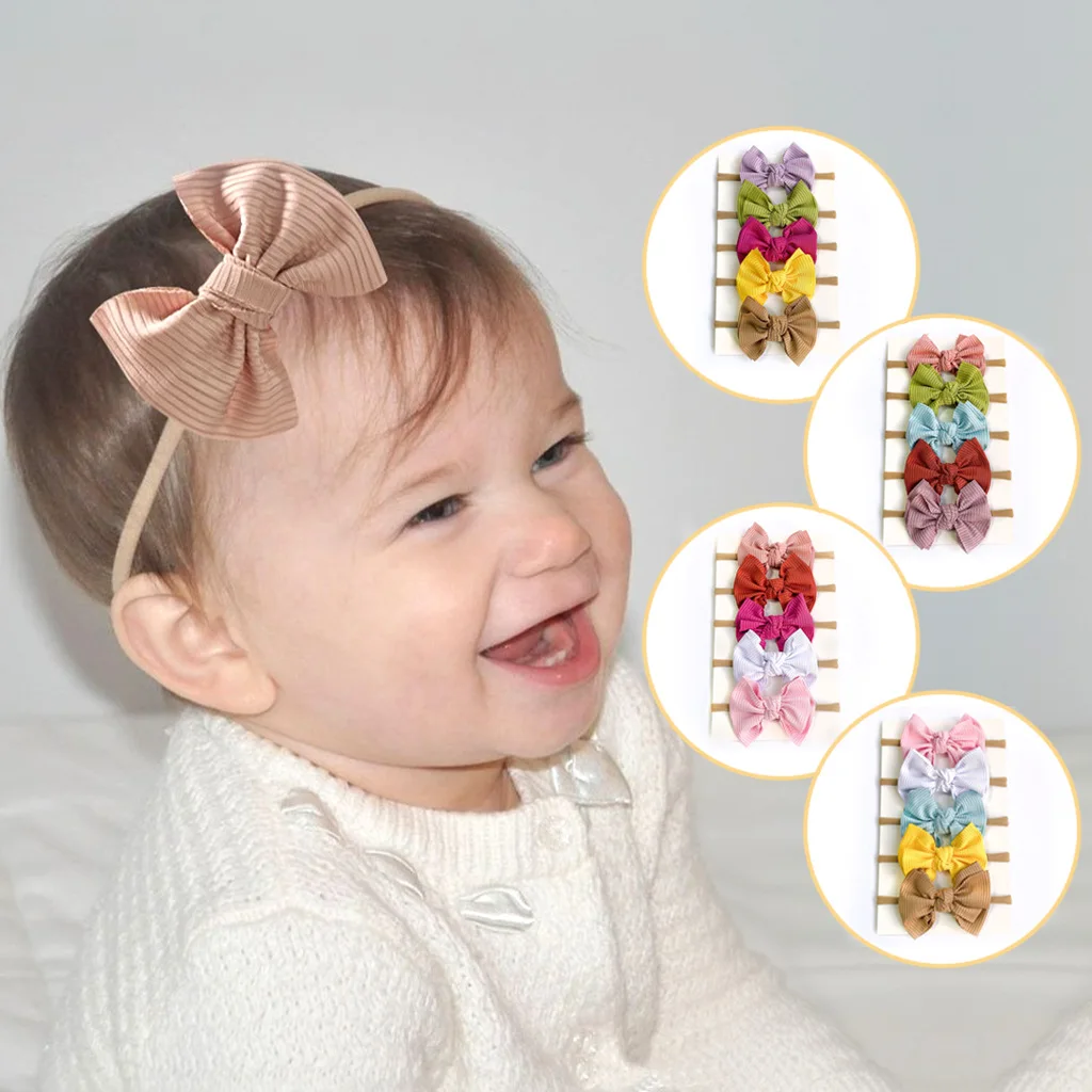 

Cute 5Pcs Ribbed Bow Baby Headbands Soft Stretch Nylon Hair Accessories For Newborn Girls Daily Party Photography Outfit