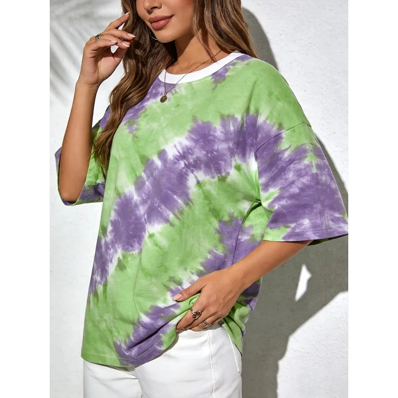S - XL Women'S Tie-Dye Gradient Short-Sleeve-Shirt, Featuring a Loose And Relaxed Round Neck Design. This Versatile Piece Is P