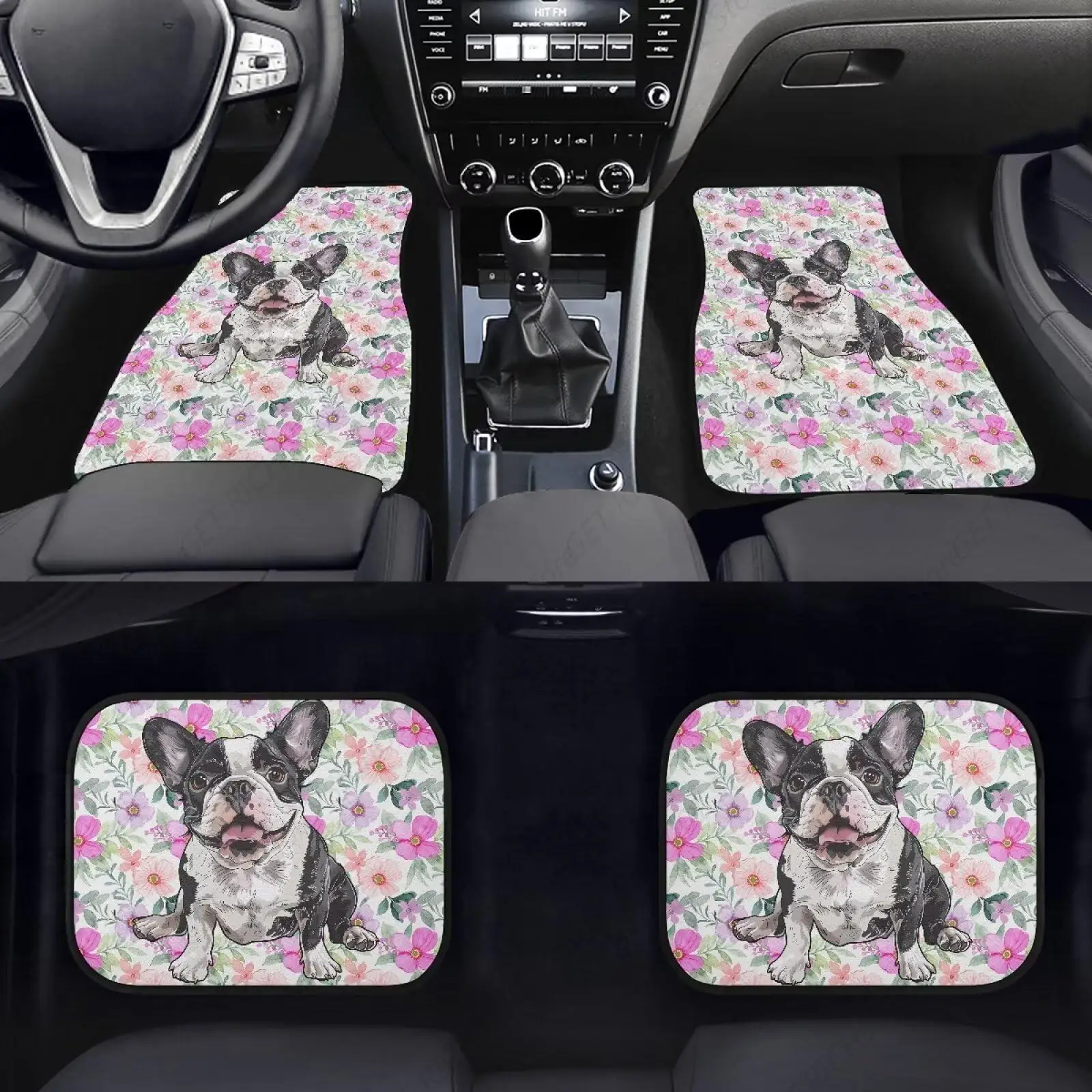 Boston Terrier Flower Print Car Floor Mat Carpet Sets For Men, Automotive Floor Mat 4pcs Car Foot Mat Waterproof All Weather