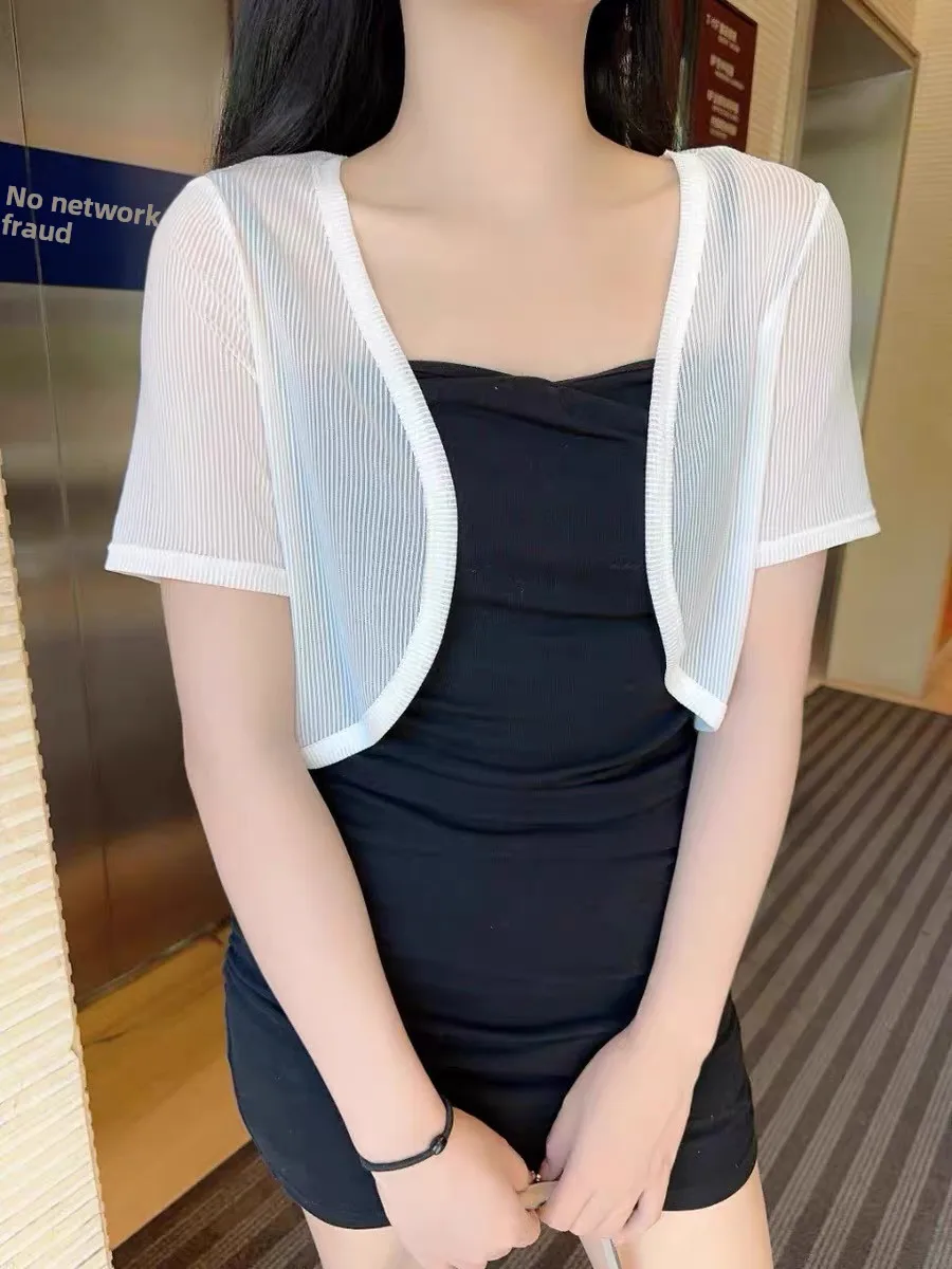 

Summer Ice Silk Mesh Cardigan Short Sleeve Open Front with Strap Vest Korean Style Commute Wind Shawl Nylon Fiber Women's Top