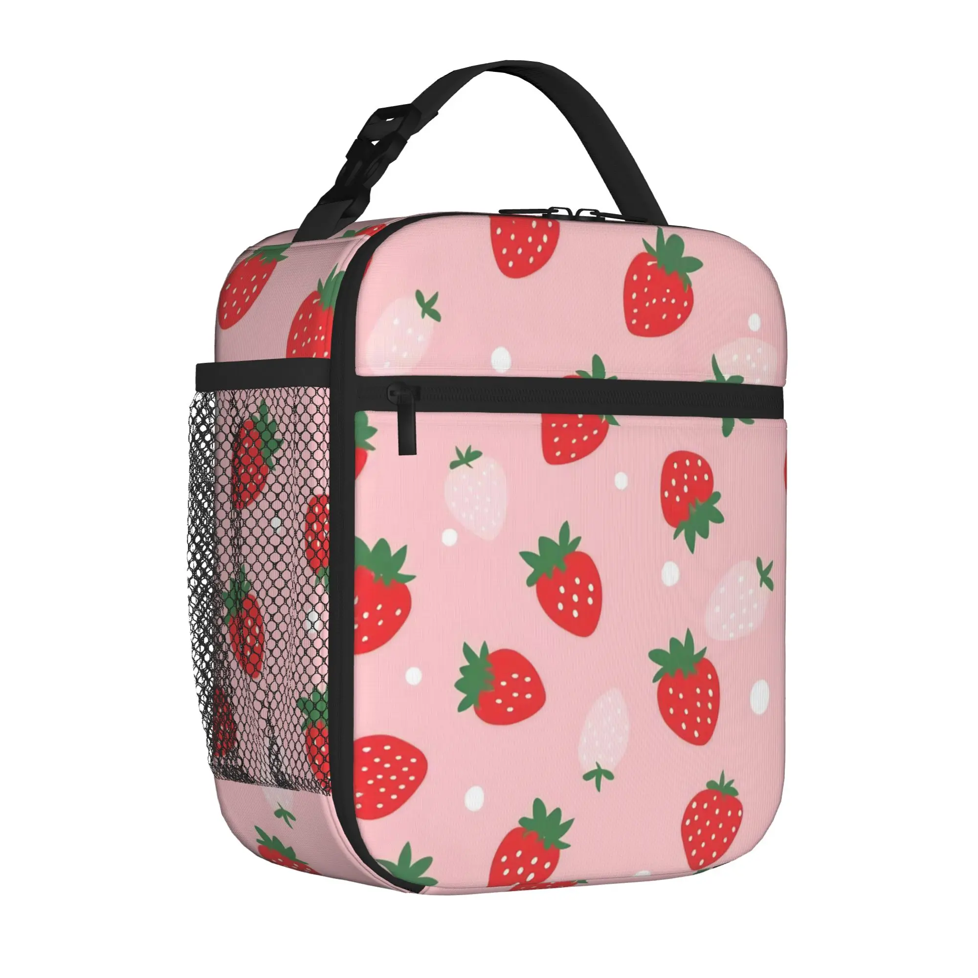 Pink Strawberry Cute Floral Tote Insulated Lunch Bag Cartoon Carry Food Bags Reusable Thermal Cooler For Work Washable Bento Box