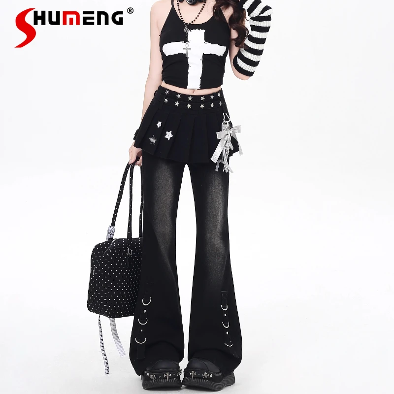 

Original Subculture European Hot Girl Fashion Fake Two Pieces Jeans Autumn New 2025 Girl's Slim Fit Low Waist Wide Leg Pants