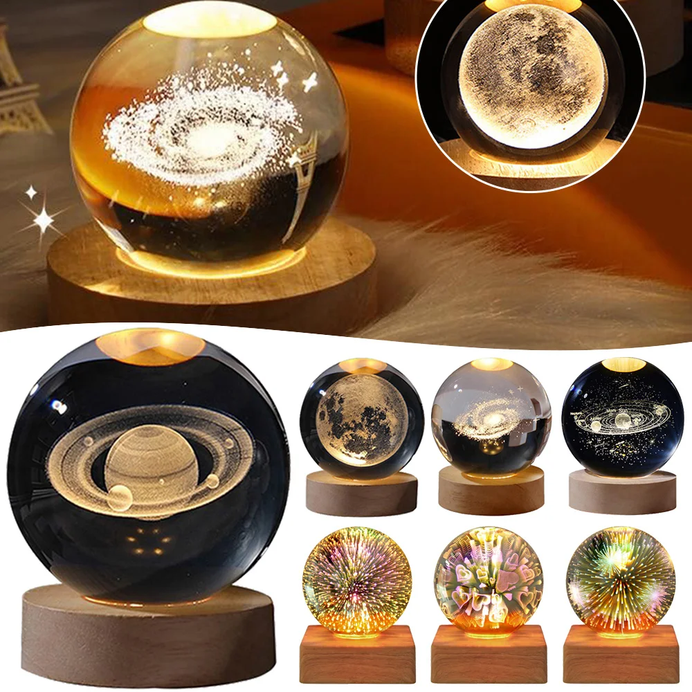 Lampada a sfera di cristallo 3D con incisione Laser Galaxy Planet Moon Saturn LED Night Light Home Decor regalo per la festa del papà di san