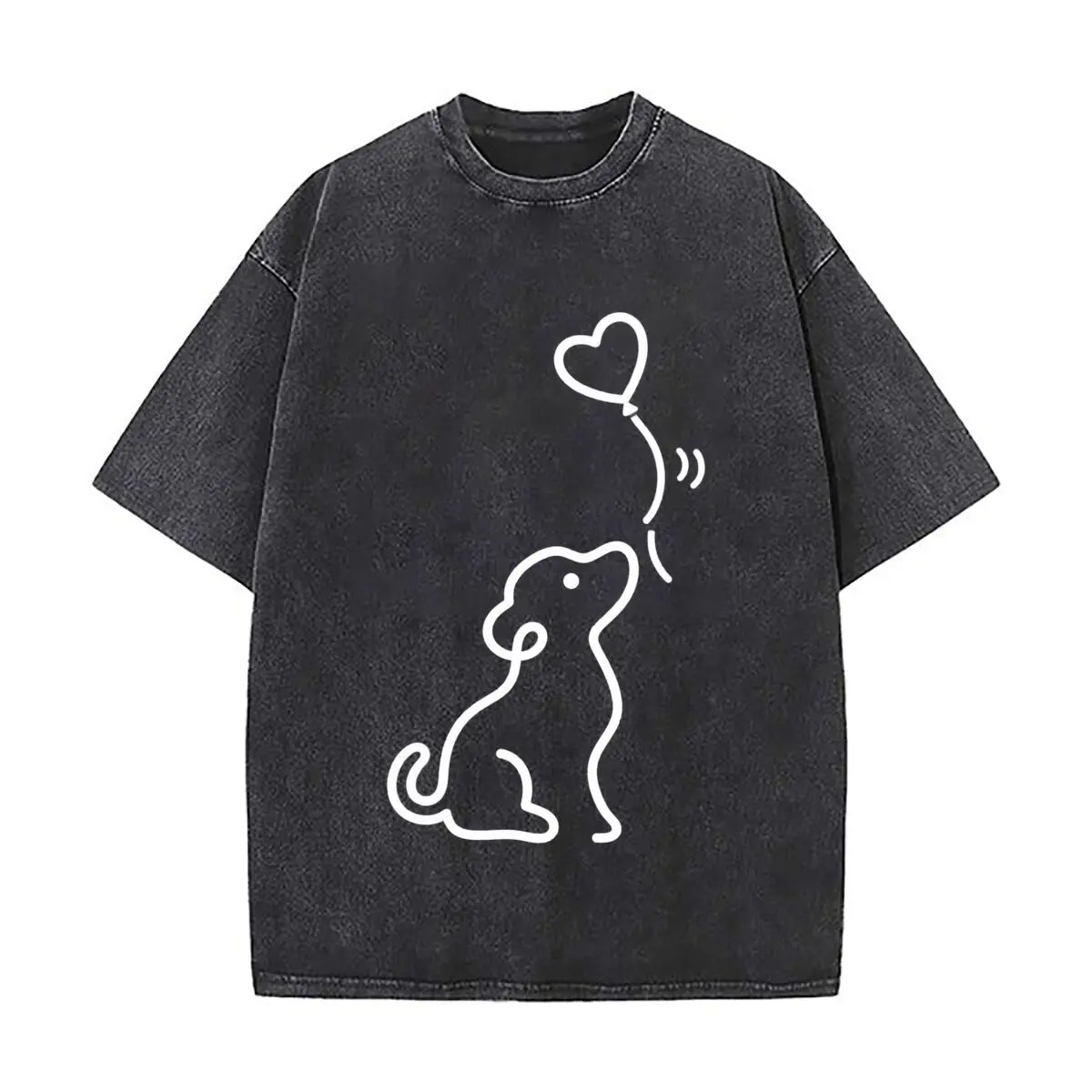 Camisetas urbanas holgadas con efecto desgastado y estampado de arte lineal de cachorro blanco con globo de corazón para paseos por la ciudad.