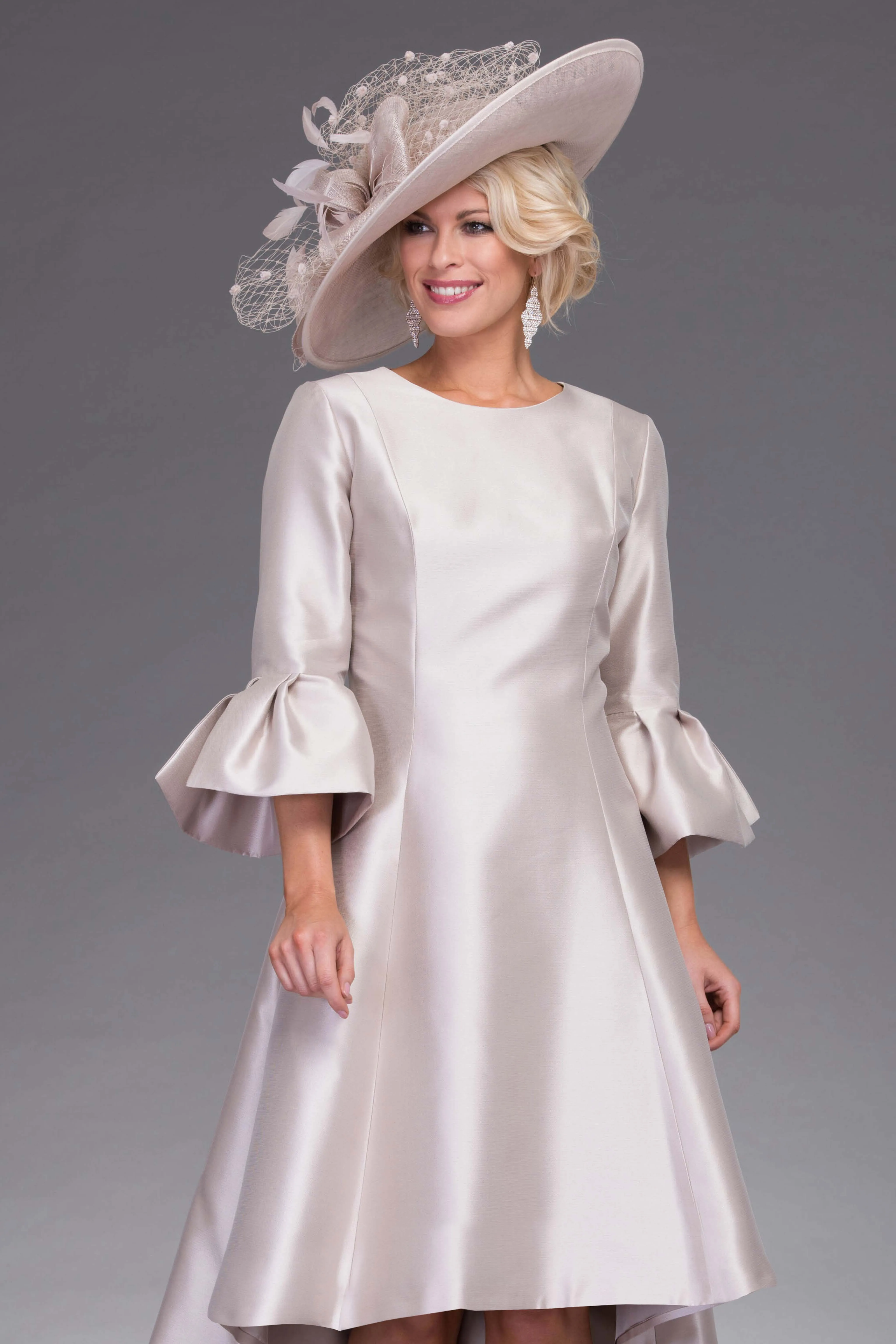 Azulon short front long back satin outfit Dipped Hem fluted cuff three quarter length Bell Sleeves mother of the bride dresses