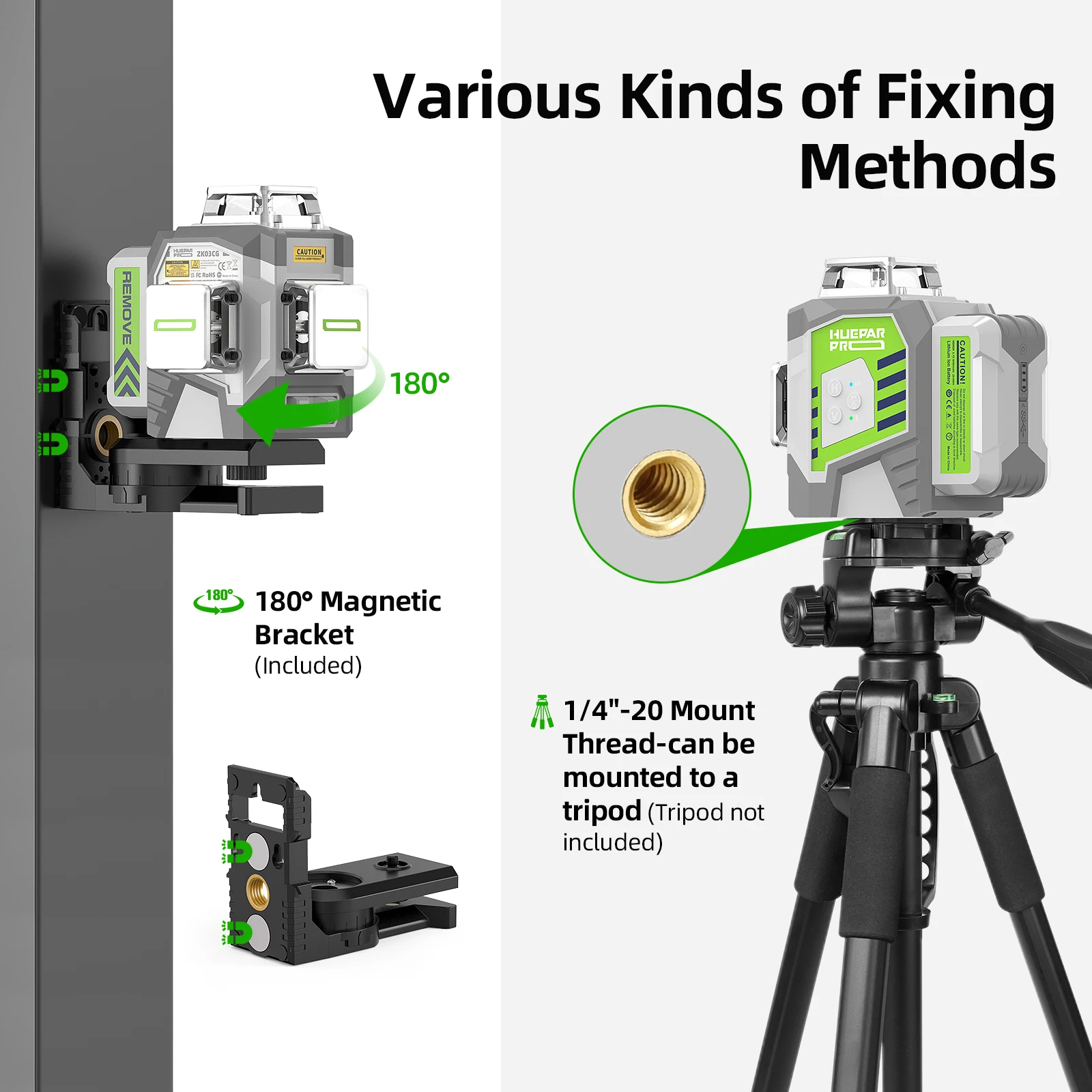 Huepar 12 Lines 3D Laser Level High Accuracy ±2mm/10m Self-leveling Green Beam 360°Cross Line Laser Tools With Li-ion Battery