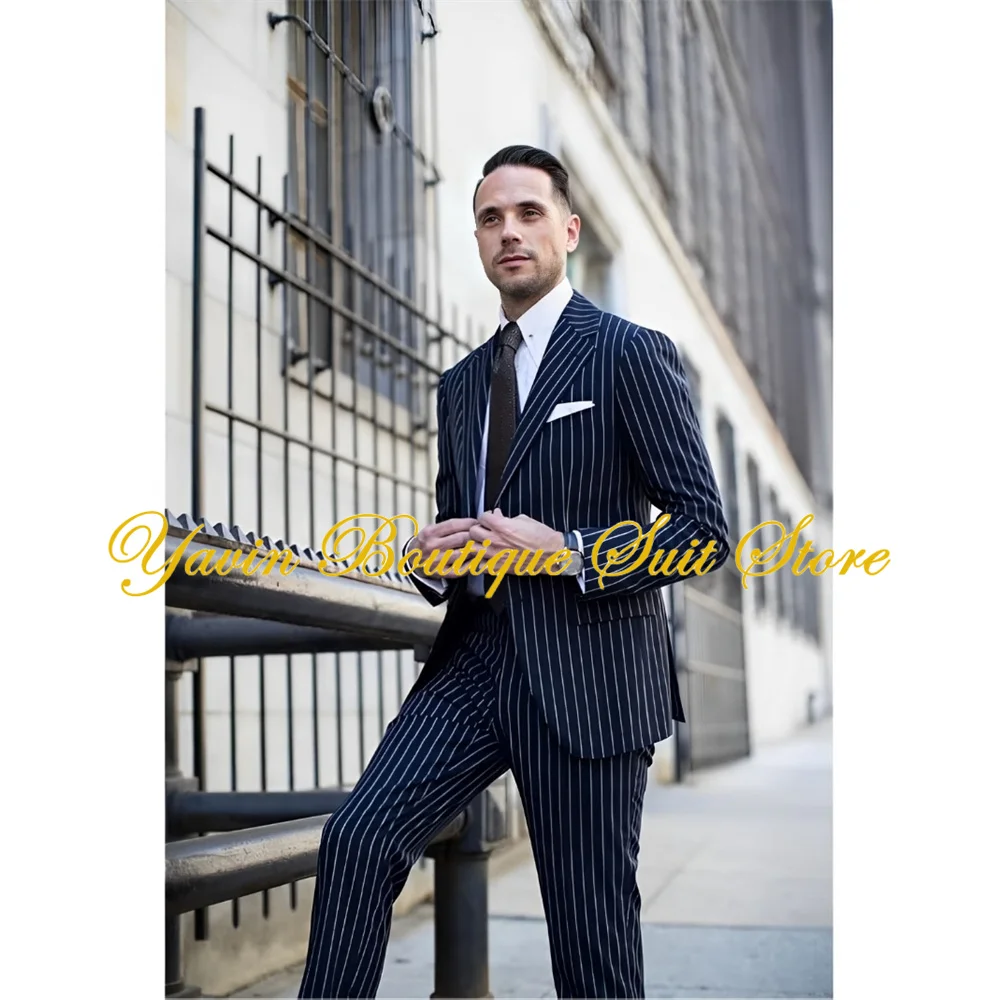 

Striped Men’s Suit 2 Piece Jacket Pants Set 2 Button Slim Fit Blazer Coat Formal Pinstripes Business Suits