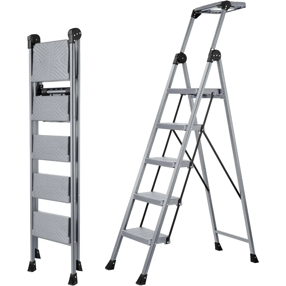 

5 Step Ladder, Foldable Step Stool Ladder with Handrails & Tray, 660 lbs Heavy Duty Wide Pedals, Sturdy Steel Folding L