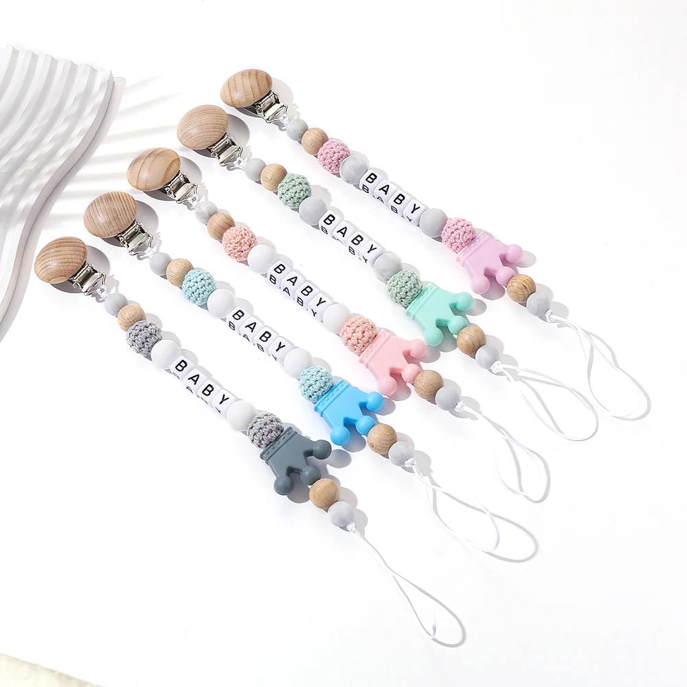 Baby Pacifier Clips Silicone Crown Beads Nursing Teething Dummy Nipple Holder Soother Chain Wooden Clip Holder Accessories