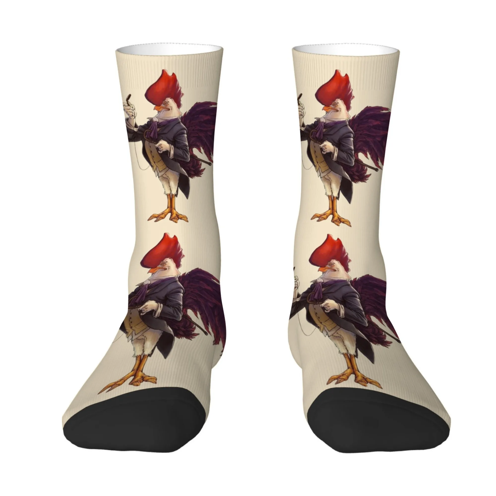 Funny and Novel Anthropomorphic Gentleman Rooster Men's Mid-calf Socks Retro Suit Print Light Beige Fun Cartoon Style Socks