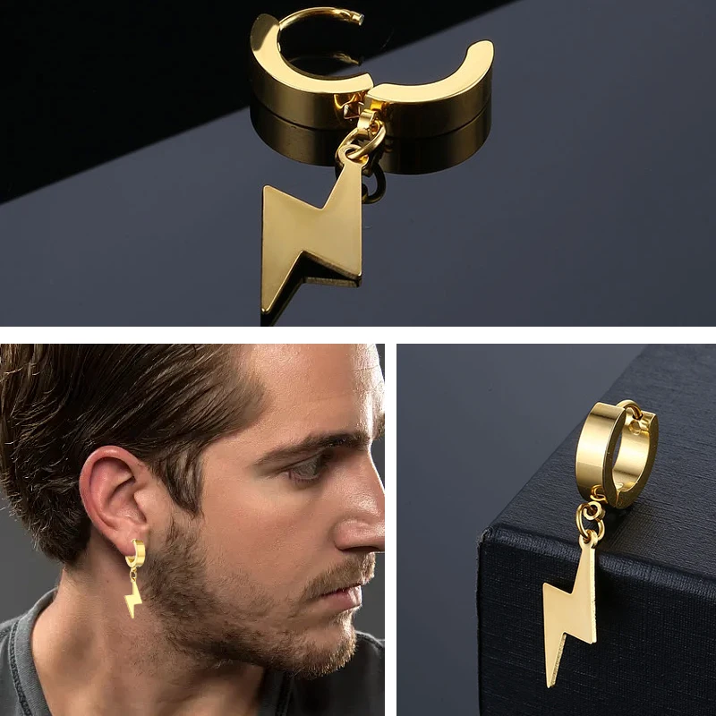 2pc Punk Hiphop Lightning Pendant Stainless Steel Earring korean fashion Women Men Circle Ear Stud Earring Jewelry Ear Accessory view 6
