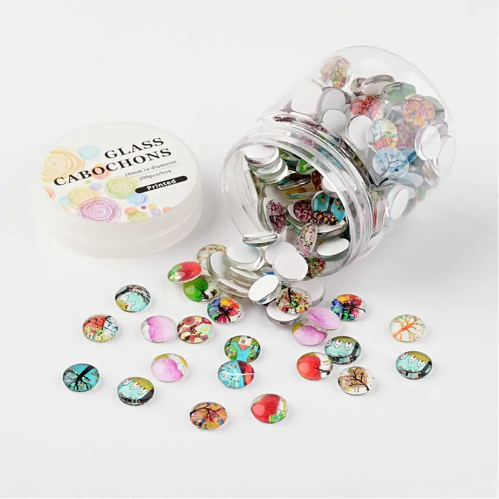 Glass Cabochons Tree of Life Printed Half Round/Dome Mixed Color 10x3.5~4mm 200pcs/box