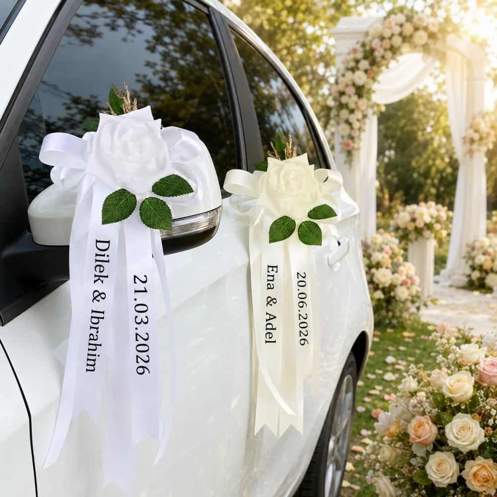 Customizable White Rose Wedding Car Bow, Printed Name Date Satin Ribbon Car Handle Floral Ornament for Wedding Vehicle Decor