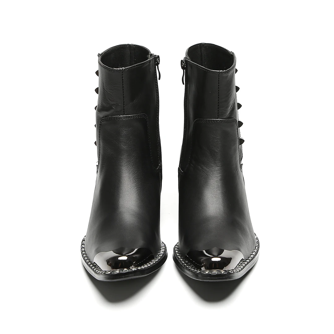 Men's Creative Pattern Vintage Black Mid-Heel Boots Metal-Tip Cowboy Boots High-Top Riding Boots