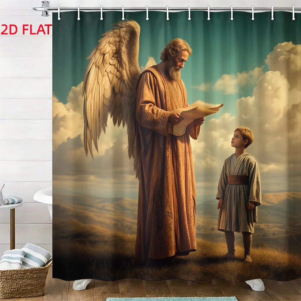 Waterproof Shower Curtain Angel Divine Biblical Scene Spiritual Christian Shower Curtain Bathroom Decor Tapestry 180x180cm