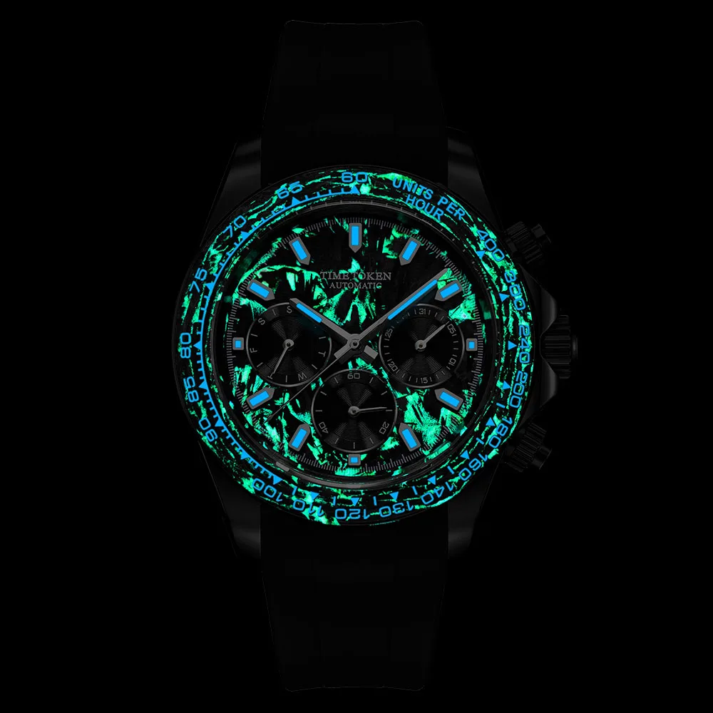 TIME TOKEN 40mm Men's Carbon Automatic Mechanical Watch Luxury Diver 100m Water-Resistant with Calendar And Week Function