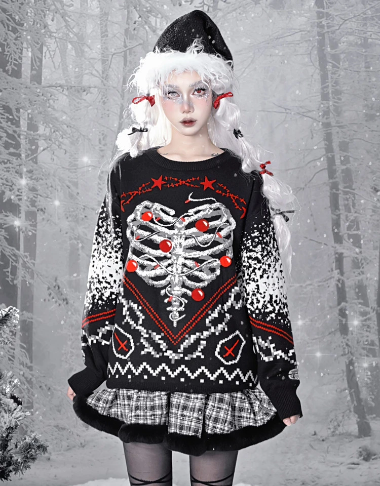 

Blood Supply Original Japan Harajuku Skeleton Sweater Round Neck Dark Christmas Grunge Black Red Gothic Women Sweater JumperY2k