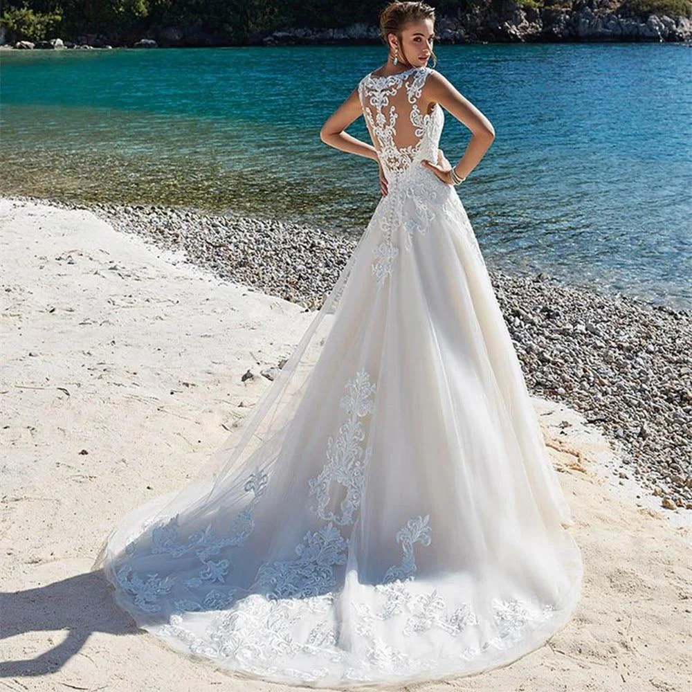 Vestido De novia De línea a con cuello en V sin mangas, vestido De novia con botón De ilusión, Apliques De encaje