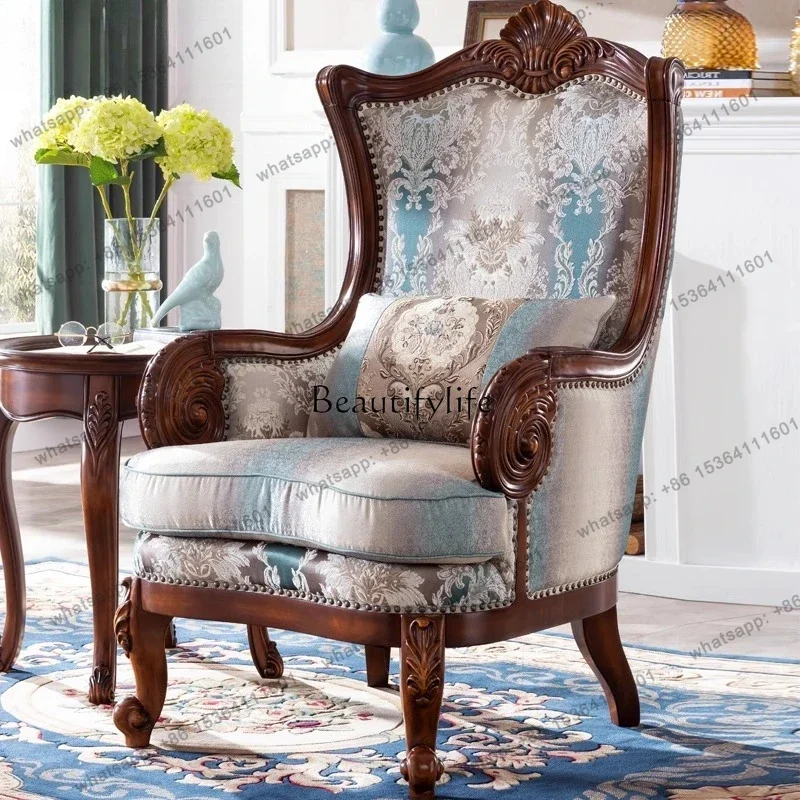 XX European Style Solid Wood Tiger Chair Living Room Single Sofa Fabric American Style Leisure Backrest Chair