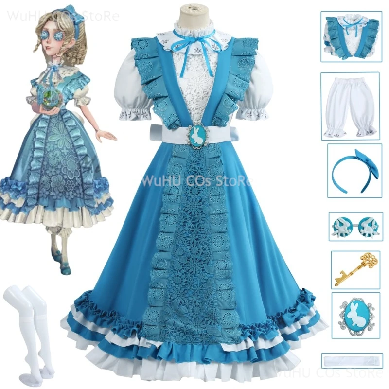 

Game Identity V Reporter Cosplay Alice Costume Sweet Blue Lolita Dress Wig Women Party Carnival Cos Props Glasses Set Full Set
