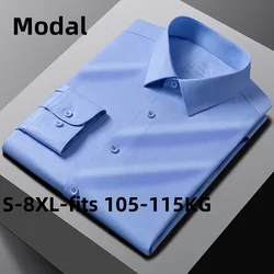 New Modal Anti-wrinkle 8XL Shirts Men Long Sleeve Slim Fit Business Work White Shirt Soft Cozy Striped Men Shirt Long Sleeve